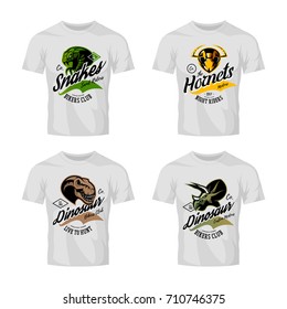 Vintage furious snake, hornet and dinosaur bikers gang club vector logo concept. Street superior wear mascot badge design. Premium quality wild animal emblem t-shirt tee print illustration.