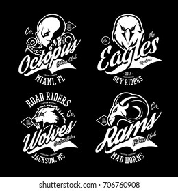 Vintage furious wolf, ram, eagle and octopus bikers gang club vector logo concept. Street superior wear mascot badge design. Premium quality wild animal emblem t-shirt tee print illustration.