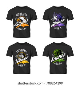 Vintage furious wolf, rhino, snake and eagle bikers gang club vector logo concept. Street superior wear mascot badge design. Premium quality wild animal emblem t-shirt tee print illustration.
