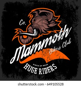 Vintage furious woolly mammoth bikers gang club tee print vector design. Street wear t-shirt emblem. Premium quality wild animal superior mascot professional logo concept illustration.