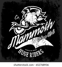 Vintage furious woolly mammoth bikers gang club tee print vector design. Street wear t-shirt emblem. Premium quality wild animal superior mascot professional logo concept illustration.