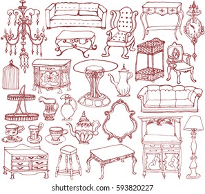 vintage furniture and accessories. hand drawn illustrations.