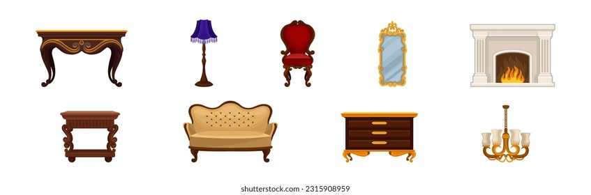 Vintage Furniture with Carved Wooden Items Vector Set