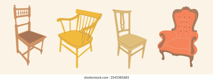 Silla y sillón de muebles vintage en estilo plano en Vector Icono interior para fondos de Anuncio de logotipo de diseño de pegatina de póster