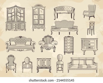 Vintage Furniture. Chairs Wardrobe Beds And Sofa Tables House Retro Furniture Recent Vector Hand Drawn Pictures Collection
