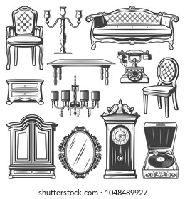 Vintage furniture elements set with chair sofa chandelier candlestick nightstand cabinet table mirror retro clocks telephone vinyl player isolated vector illustration