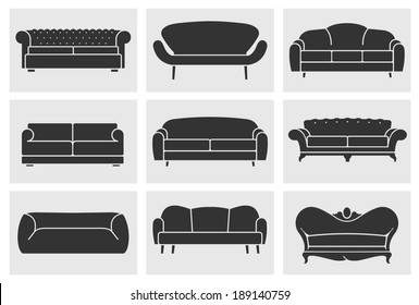 Vintage furniture icons set. Flat sofas collection