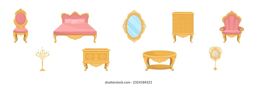 Vintage Furniture and Interior with Chair, Bed, Mirror, Table, Clock, Candlestick and Cabinet Vector Set