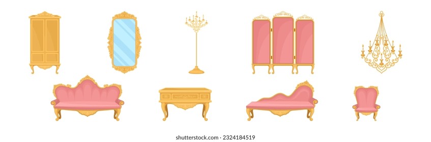 Vintage Furniture and Interior Design with Chandelier, Chair, Sofa, Wardrobe, Candlestick and Mirror Vector Set