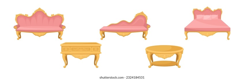 Vintage Furniture and Interior with Sofa, Bed and Table Vector Set