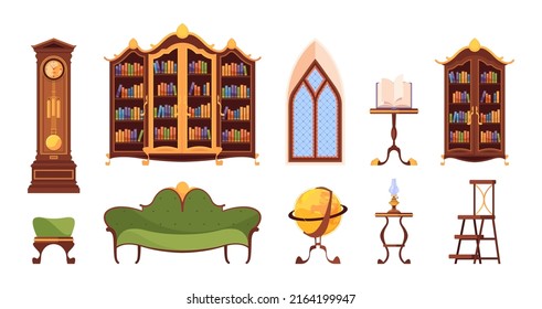 Vintage furniture. Library old wooden shelves for books cabinet tables garish vector illustrations set