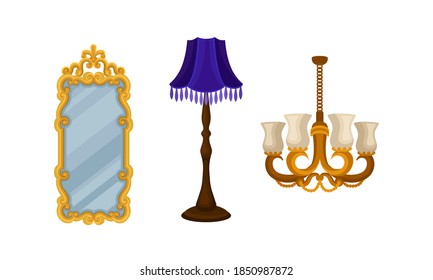 Vintage Furniture with Mirror and Chandelier Vector Set