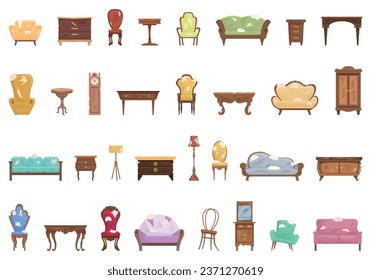 Vintage furniture restoration icons set cartoon vector. Man interior. Work furniture