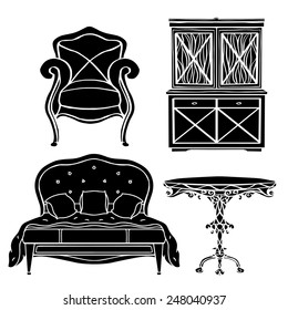 Vintage furniture set, armchair, bed, table, cupboard black silhouettes  isolated on a white background