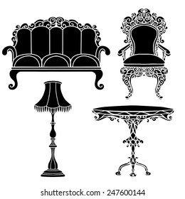 Vintage furniture set, armchair, sofa, table, floor lamp black silhouettes  isolated on a white background