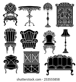 Vintage furniture set, armchair, sofa, table, floor lamp, cupboard black silhouettes  isolated on a white background