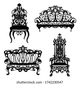 Vintage furniture set. Black line, hand drawn. Isolated on white background