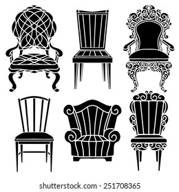 Vintage furniture set, chair, armchair, throne black silhouettes  isolated on a white background