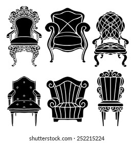 Vintage furniture set, chair, armchair, throne black silhouettes isolated on a white background