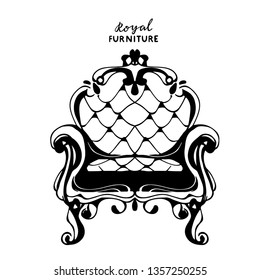 Vintage furniture, throne, chair, armchair,  black drawing. Close up isolated on white background