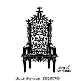 Vintage furniture, throne, chair, armchair,  black drawing. Close up isolated on white background. Handwriting text