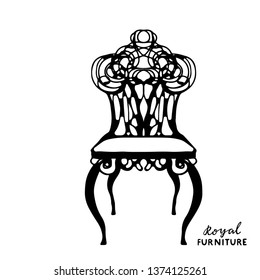 Vintage furniture, throne, chair, armchair, black hand drawn. Close up isolated on white background. Handwriting text royal furniture