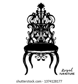 Vintage furniture, throne, chair, armchair, black hand drawn. Close up isolated on white background. Handwriting text royal furniture