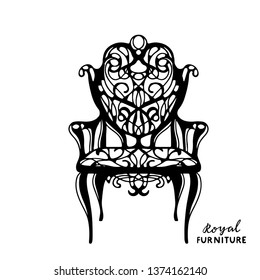 Vintage furniture, throne, chair, armchair, black hand drawn. Close up isolated on white background. Handwriting text royal furniture