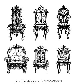 Vintage furniture, throne, chair, armchair set. Black line, hand drawn. Isolated on white background