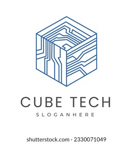 Vintage Futuristic Box Cube Digital Electronic Circuit Chip design for Smart Tech Logo design,symbol design template