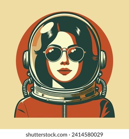 VINTAGE FUTURISTIC IMAGE OF AN ASTRONAUT GIRL WITH AVIATOR STYLE GLASSES