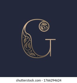 Vintage G letter logo with premium decoration. Classic line serif font. Vector icon perfect to use in any alcohol labels, glamour posters, luxury identity, etc.