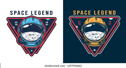 Etiqueta de color de galaxia vintage con estrellas de la superficie lunar y del espacio en casco cosmonauta ilustración vectorial aislada