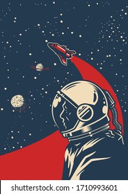 Vintage galaxy colorful poster with astronaut in outer space and flying shuttle on cosmic background vector illustration