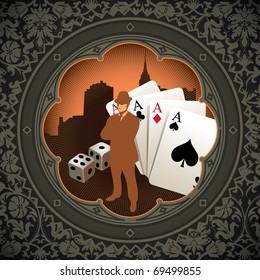 Vintage gambling background with floral decoration. Vector illustration.