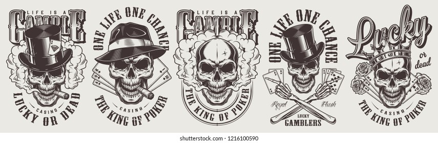Vintage gambling labels set with gangster skulls in fedora and cylinder hats crown smoking pipes roses playing cards isolated vector illustration