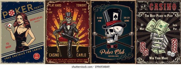 Vintage gambling posters with skeleton hand holding dollar bills dice casino chips attractive woman with playing cards gambler skull smoking cigar skeleton in tuxedo and top hat vector illustration