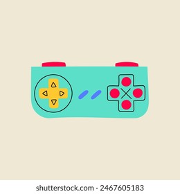 Vintage game joystick illustration, flat line style. Hand drawn graphic old technology element.