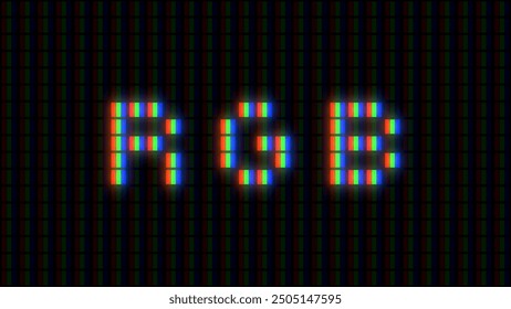 Vintage Game Screen RGB Pixel Font Sign with Glow Effect. Macro of LCD Computer Screen Displaying Pure RGB Red Green Blue Pixels. Vector Illustration.