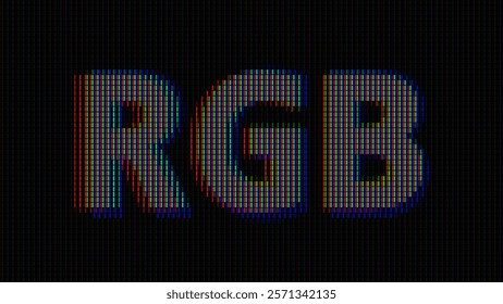 Vintage Game Screen RGB Pixel Font Sign with Glow Effect. Macro of LCD Computer Screen Displaying Pure RGB Red Green Blue Pixels. Vector Illustration.