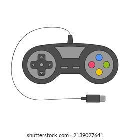 Vintage gamepad, joystick for playing video games. Retro equipment with a wire for the game. The symbol of the 90s. Nostalgia for the old days. Color vector illustration isolated on a white background