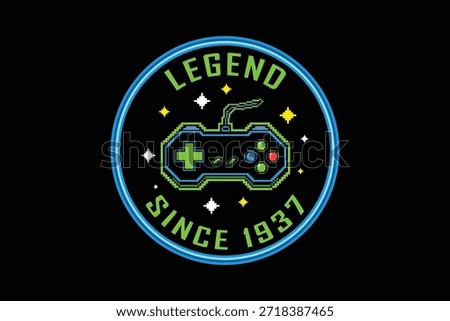 Vintage gaming badge with controller and legend text