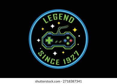 Crachá de jogo vintage com controlador retro e texto da legenda