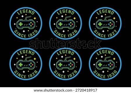 Vintage gaming badges with controller icons and legend since 1925-1930