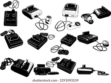 Vintage Gaming Console Illustration from Multiple Angles
Old School Video Game System Rendered in Vector Art
Retro Video Game Player in Silhouette View