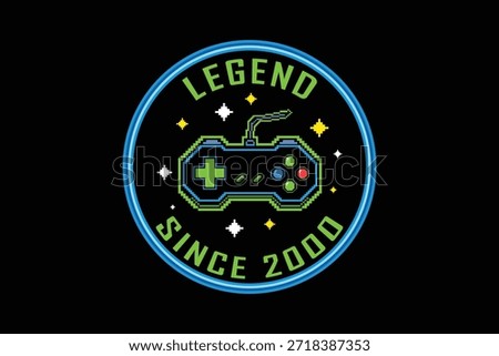 Vintage gaming logo with controller and starry background