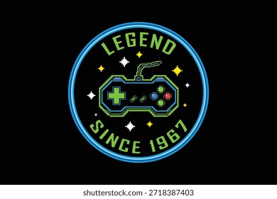 Vintage gaming logo with retro controller and starry background