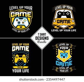 Vintage gaming t shirt design bundle set with creative motivation quote and vector shape