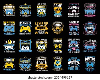 Vintage gaming t shirt design mega bundle template with creative motivation quote and vector shape