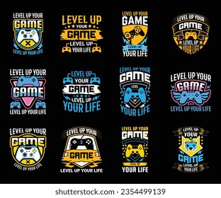 Vintage gaming t shirt design mega bundle template with creative motivation quote and vector shape